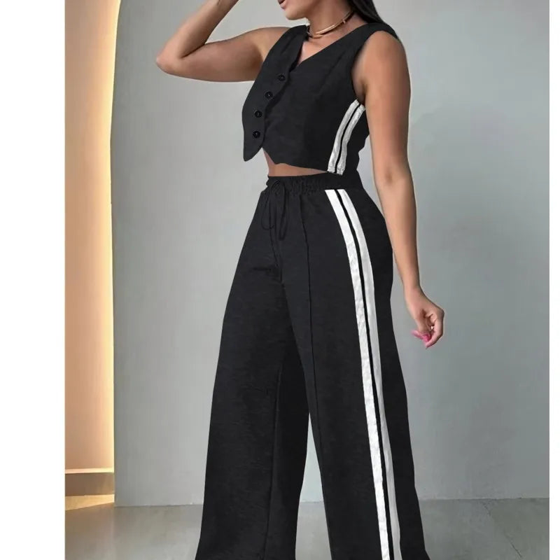 Fashion Side Stripe Women 2 Piece Set New Vest Top And Wide Leg Pants Sports Style Casual Set.  S-2X