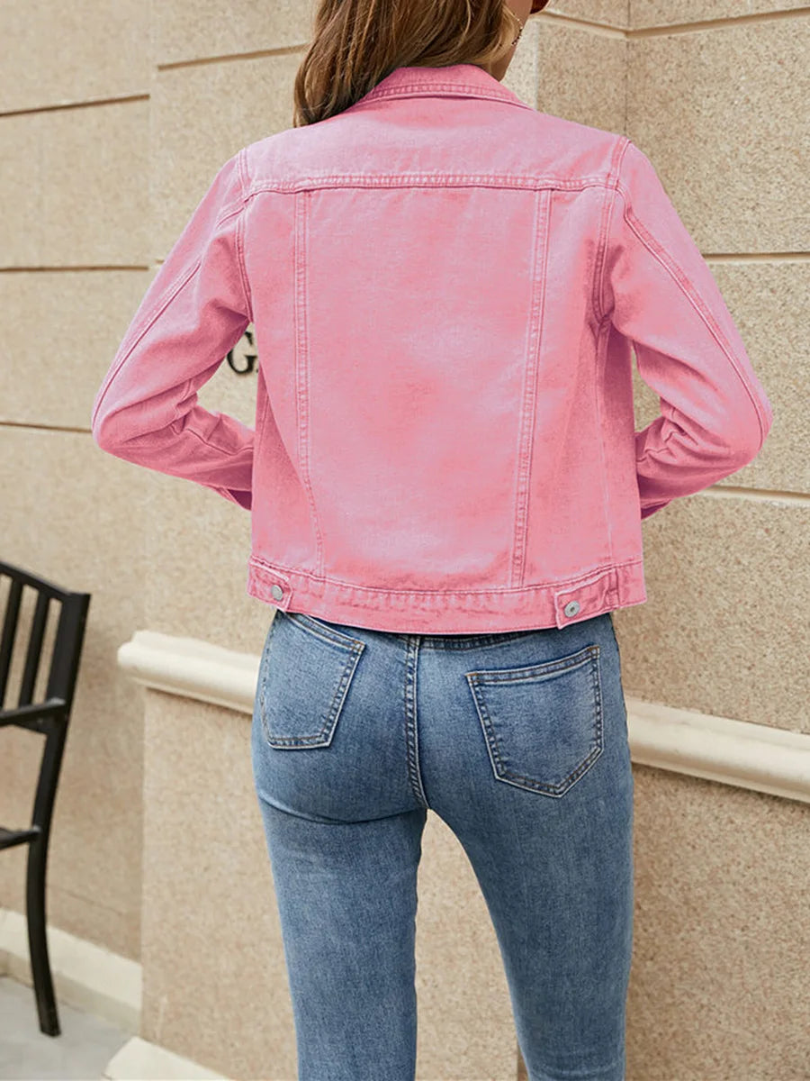 Denim Jacket For Women Solid Colour Casual Long Sleeve Button Down Chest Pocket Jean Jacket.   S-2x
