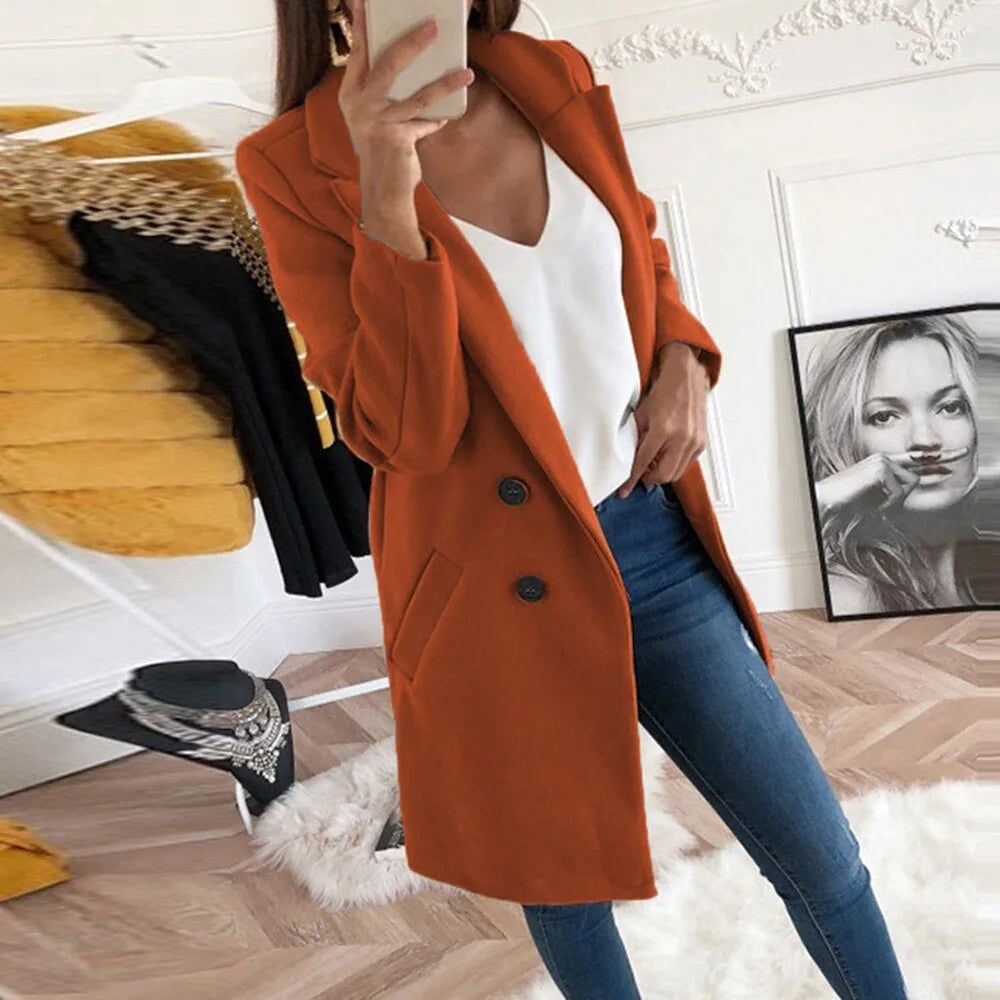 Thermal Solid Woolen Coat Women Turn-down Collar Mid-Length Plus Size Double-breasted Thick Coat