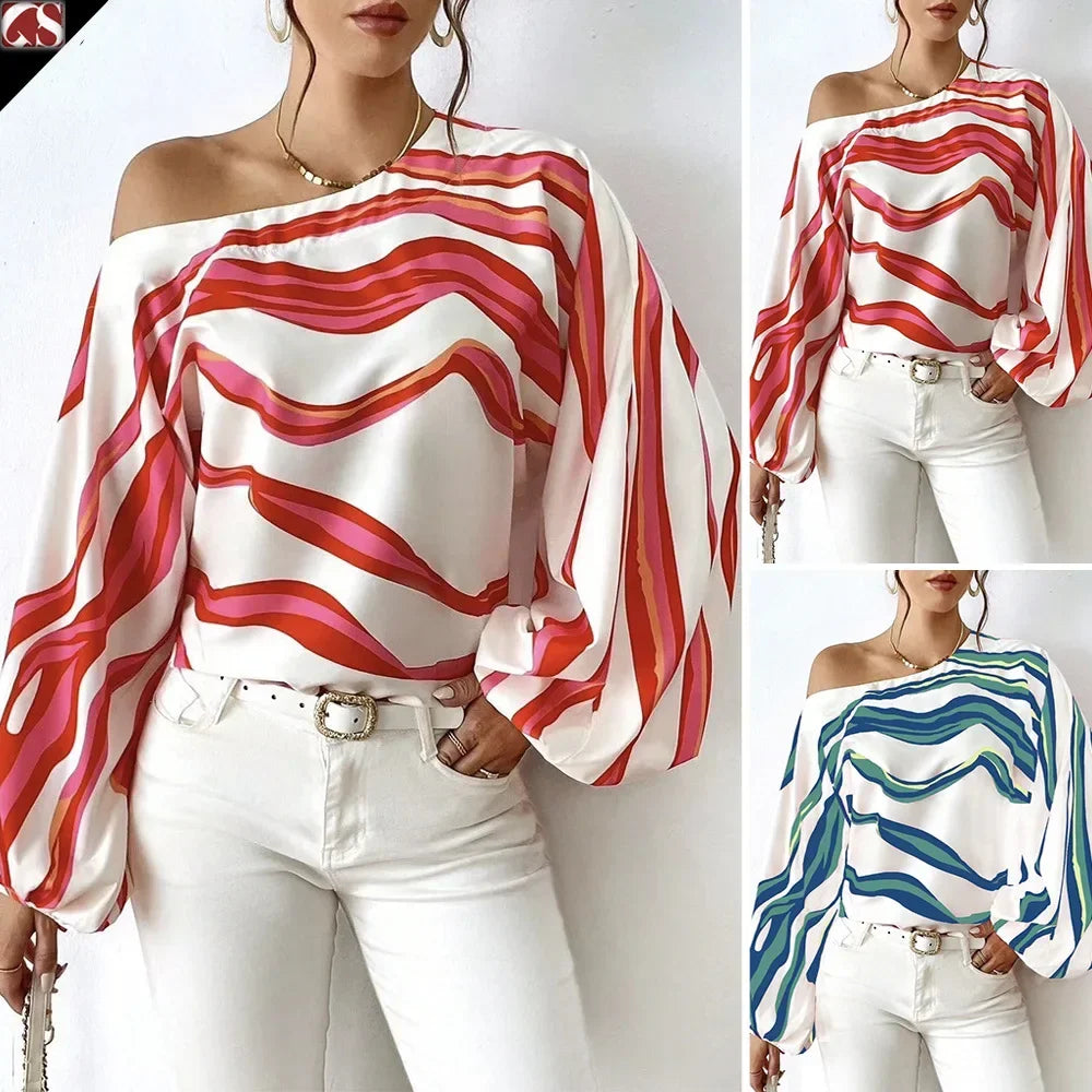 Pullover Women Blouse Slash Neck Lantern Sleeve Print Shirt Loose Casual Blouse Slight Stretch Elegant Blouse.  S-XL