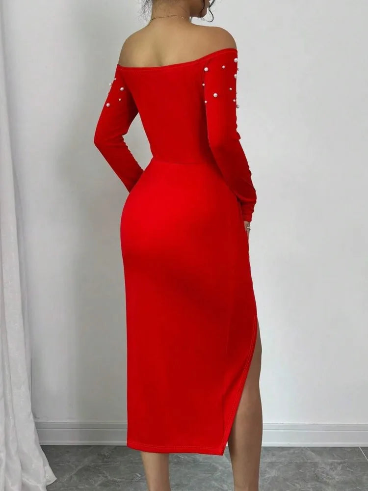 Women Sexy Party Slit Midi Dress Off Shoulder Ruched High Waist Skinny Irregular Dress.  S-2X