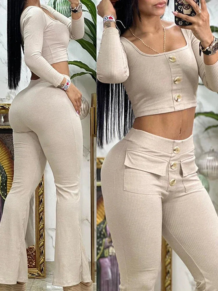 Ladies Two Piece Fashion Square Neck Buttoned Top & Pocket Design Flared Pants Set.