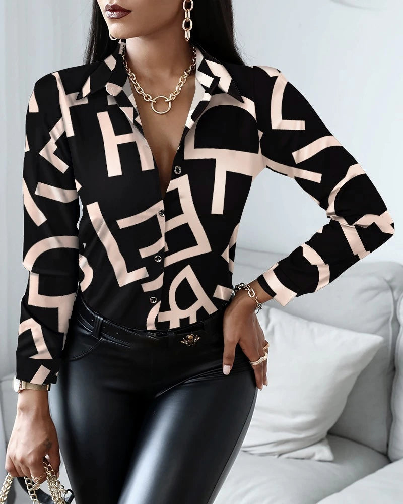 Women Fashion Blouses Turn-Down Collar Long Sleeve.  S-2X