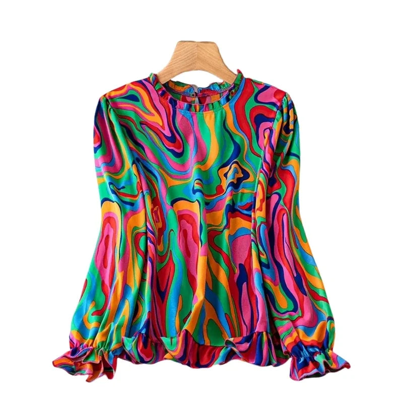 Plus Size 1XL-5XL Women Fashion Round Neck Long Sleeve Boho Blouse.