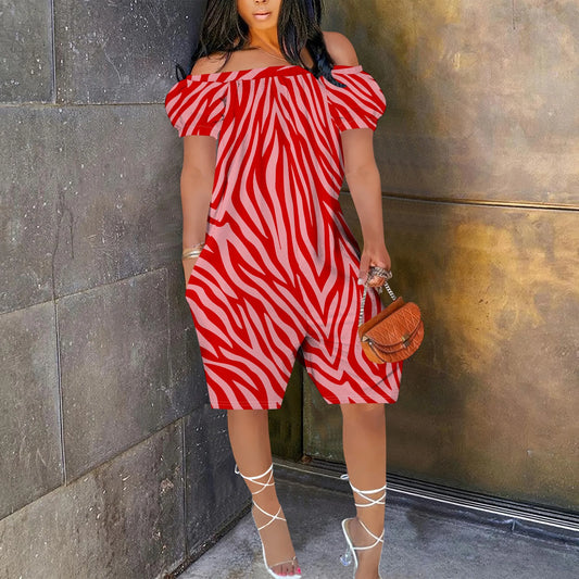 Women One Piece Print Off Shoulder Short Sleeve Loose Shorts Jumpsuit.  S-3X