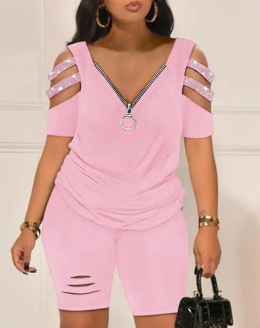Casual Two Piece Set Short Sleeve Rhinestone Cold Shoulder Top & High Waist Shorts Set.