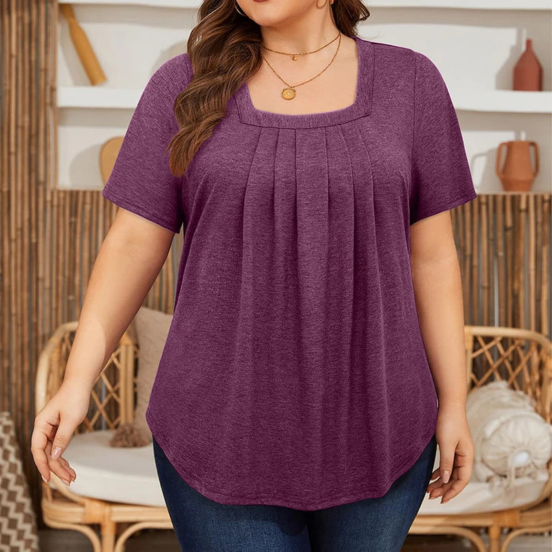 Plus Size Woman Solid Colour Short Sleeve T-shirt Elegant Pleated Square Neck Casual Tee
