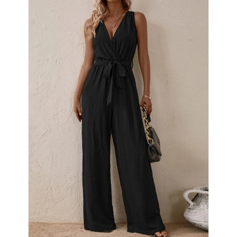 Casual Fashionable Sexy Slim Deep V-neck Sleeveless Women Wide-leg Jumpsuit Spring Summer New Solid Colour Jumpsuit.  S-XL