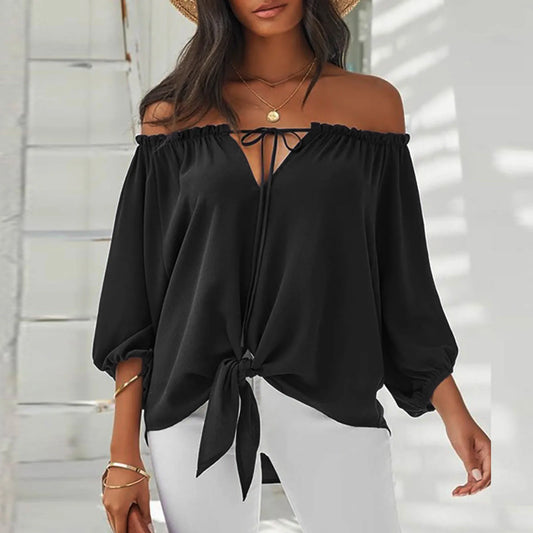Summer Blouse Sexy Off Shoulder Elegant Women Tops Half Sleeve Casual Loose Solid Colour Tie Blouse