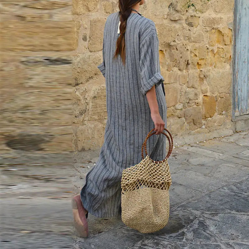 Women's Casual Loose Short Sleeve Dress, Cotton Linen  Boho Long Dress, Summer Vintage Dress.   S-5X