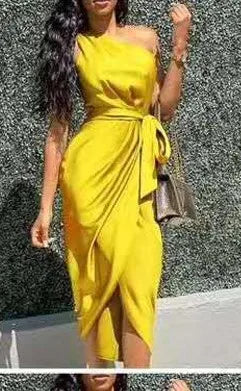 2025 Summer Women Sexy One Shoulder Satin Asymmetrical Ruched Midi Party Dress.