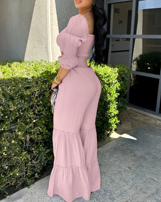 Women's High Waist Solid One Piece Fashion  Drawstring Shirred Jumpsuit.  S-xL