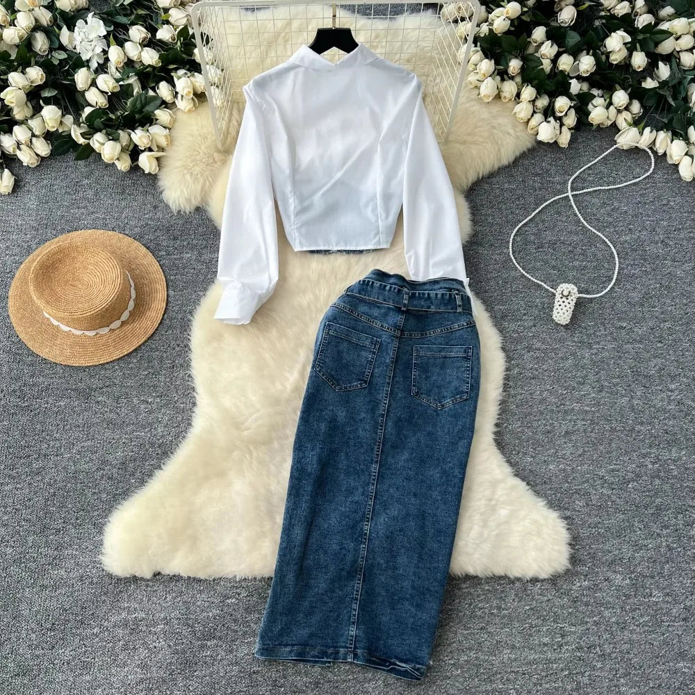 Women Two-Piece Western Style Shirt and High Waist Split Skirt.