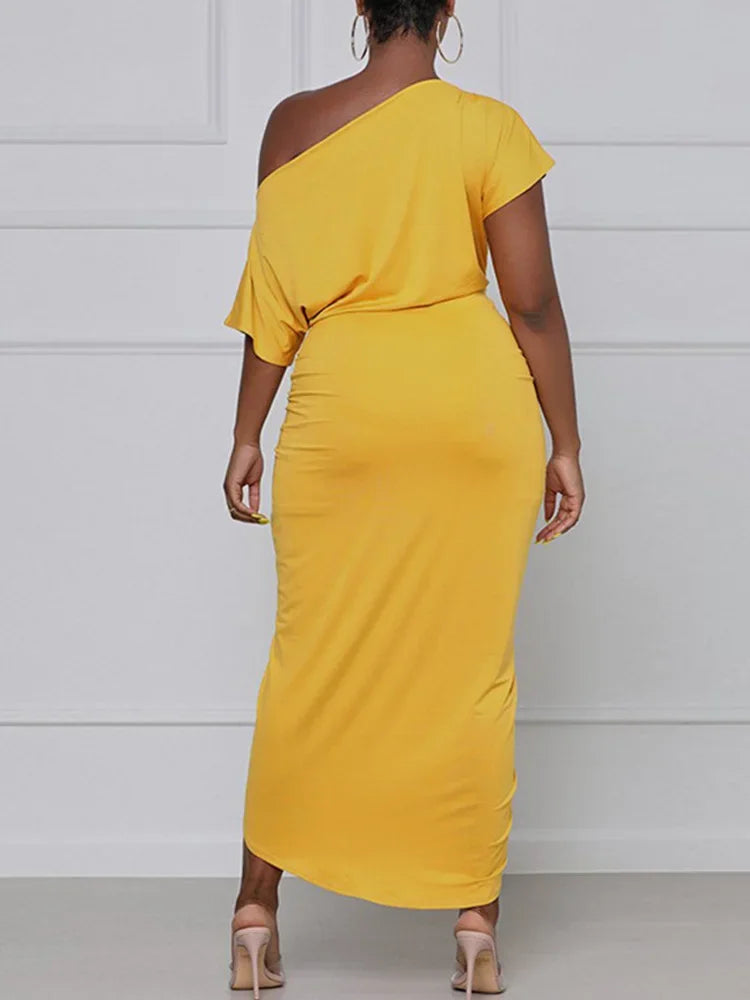 Plain Sexy Skew Neck Sheath Draped Maxi Dress Short Sleeve Party Dress.  S-2X