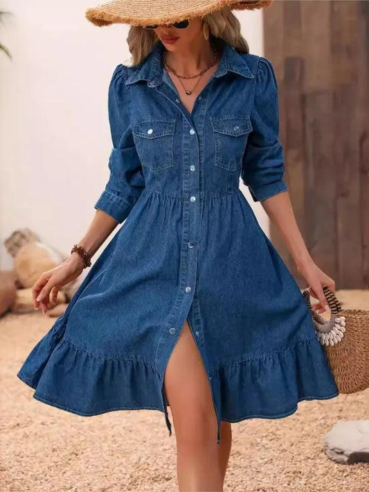 Fashion Ruffles Women Blue Denim Elegant Midi Dress Spring Summer Dress.  S-2X