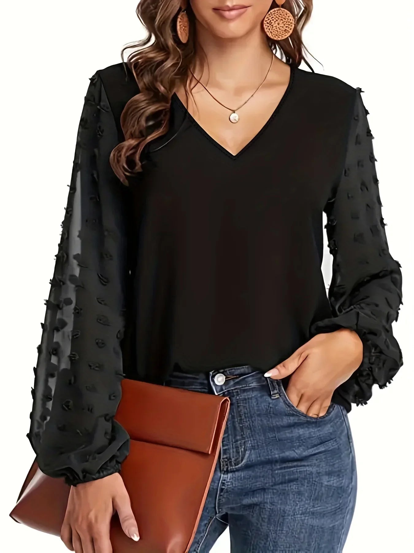 Plus Size 1XL-5XL Women's Polka Dot Sleeved Long Sleeved Casual V-neck Solid Colour Sleeves Semi Transparent Shirt
