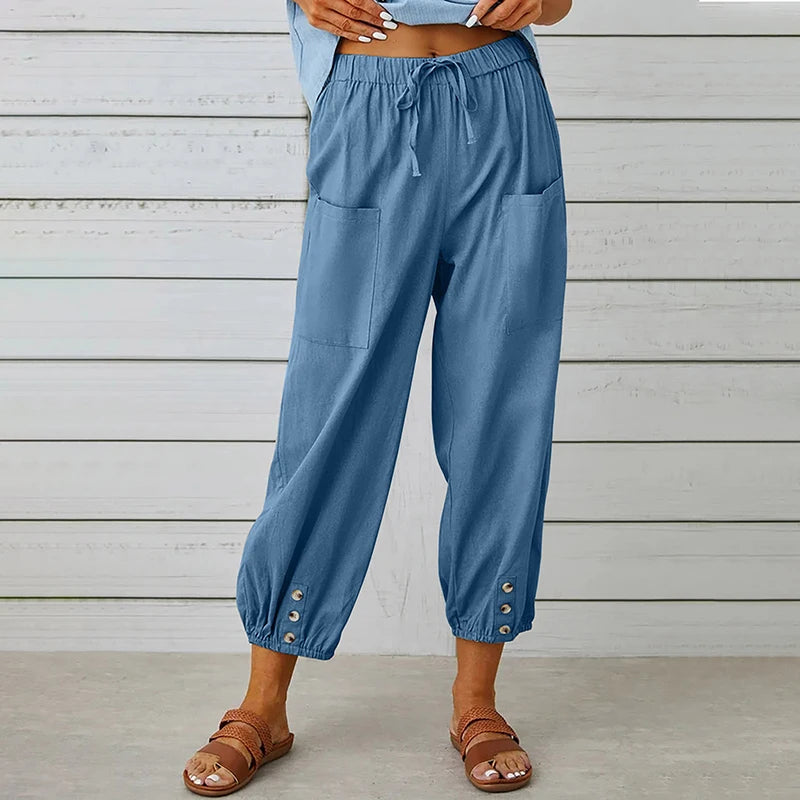 Cotton Linen Harem Pants Casual Elastic High Waist Loose Ankle Pants.  S-2x