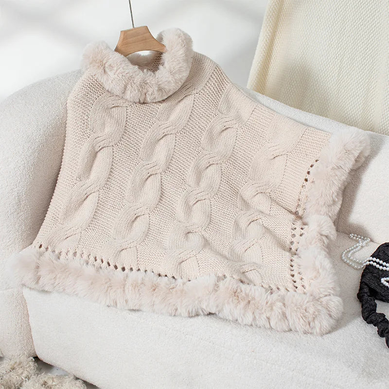 Women Sweater Pullover Fur Collar Cloak Twist Knitted Thick Elegant Splice Autumn Winter Irregularity Poncho