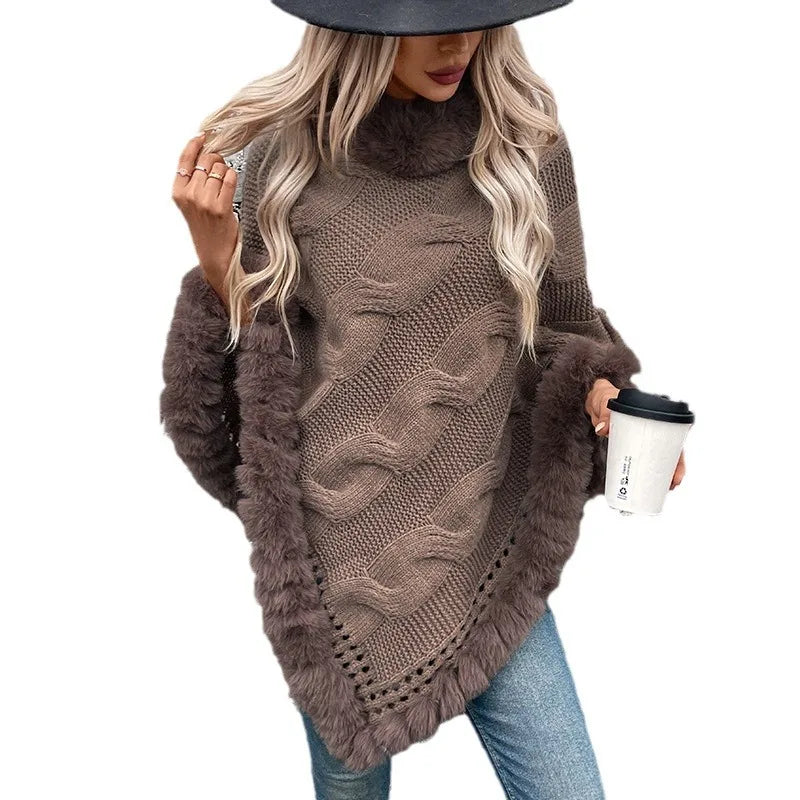 Women Sweater Pullover Fur Collar Cloak Twist Knitted Thick Elegant Splice Autumn Winter Irregularity Poncho