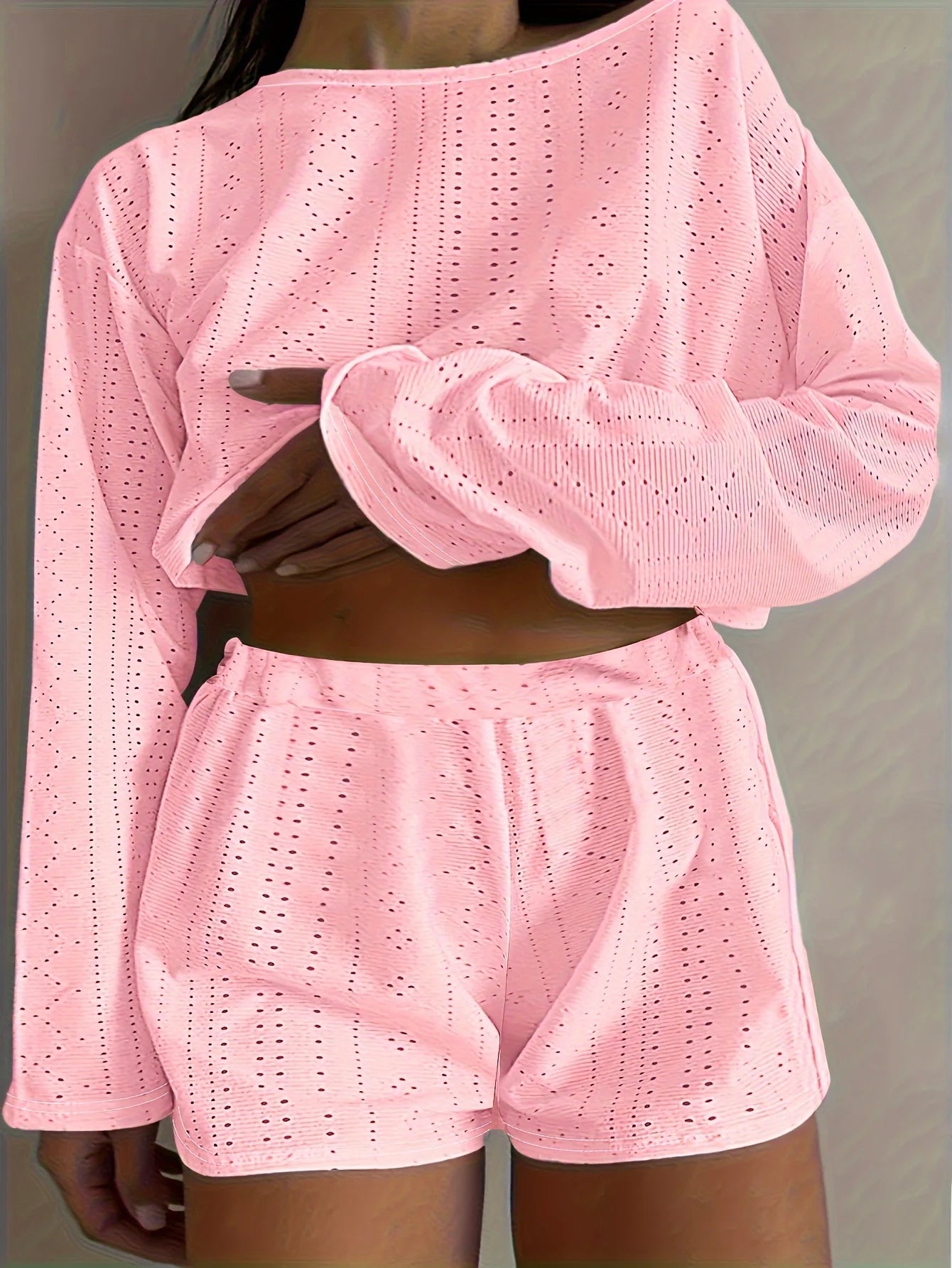 Plus Size Eyelet Casual Shorts Set, Crew Neck Long Sleeve Top & Shorts Outfit