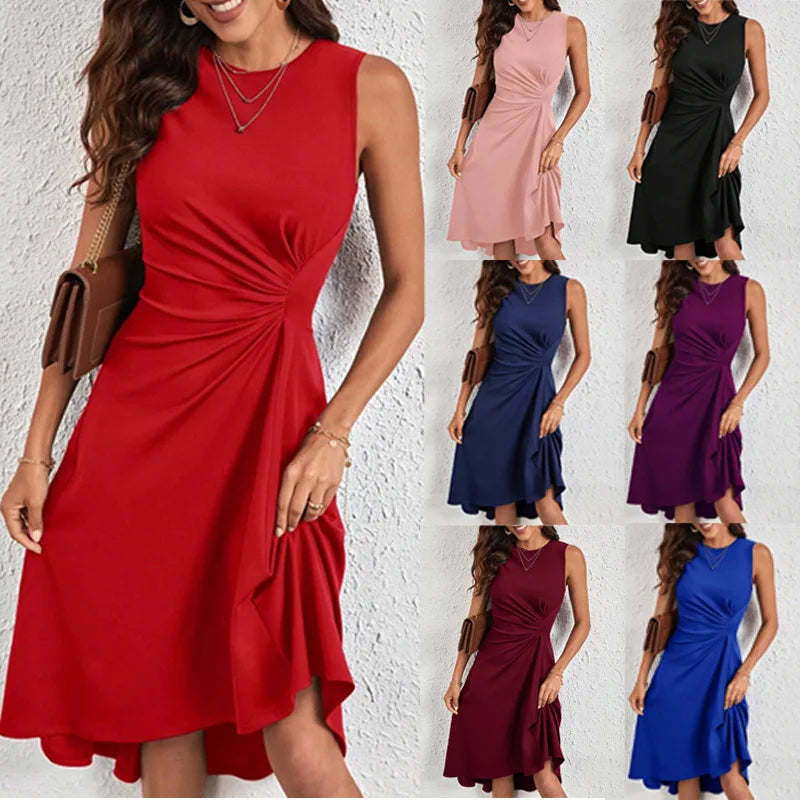 Women's Elegant Evening Dress Sexy Sleeveless Solid Colour O Neck Folds Waist Midi Dress Luxury Summer Party Cocktail Dress.   S-XL