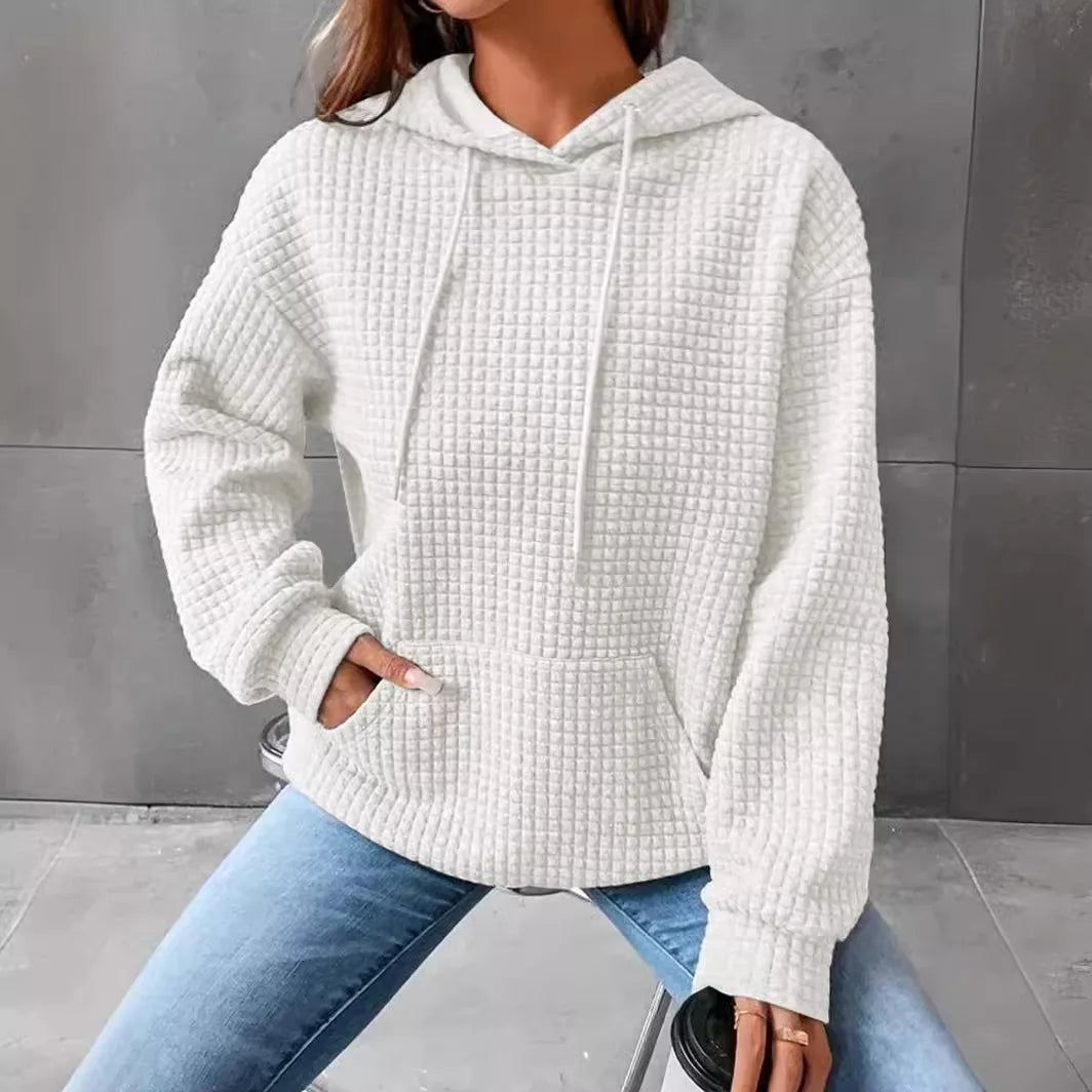 Women's hooded sweatshirt spring and autumn style waffle fashion beautiful solid color hooded drawstring loose sweatshirt.  S-2XL
