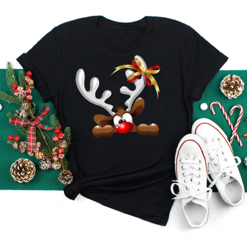 Women's Kawaii Christmas Top - Santa Claus & Deer O-Neck Y2K T-Shirt.  S-3X