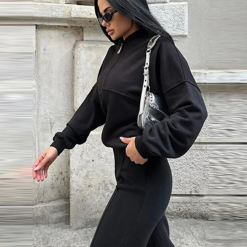 Casual Pants Set Women Spring Autumn Zip Up Jacket Loose Elastic Waist Trousers Suit.