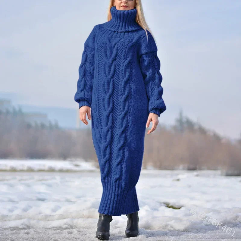 2025 Autumn Winter Solid Colour Turtleneck Pullover Twisted Loose Knitted Sweater Long Sweater Dress for Women.  S-5X