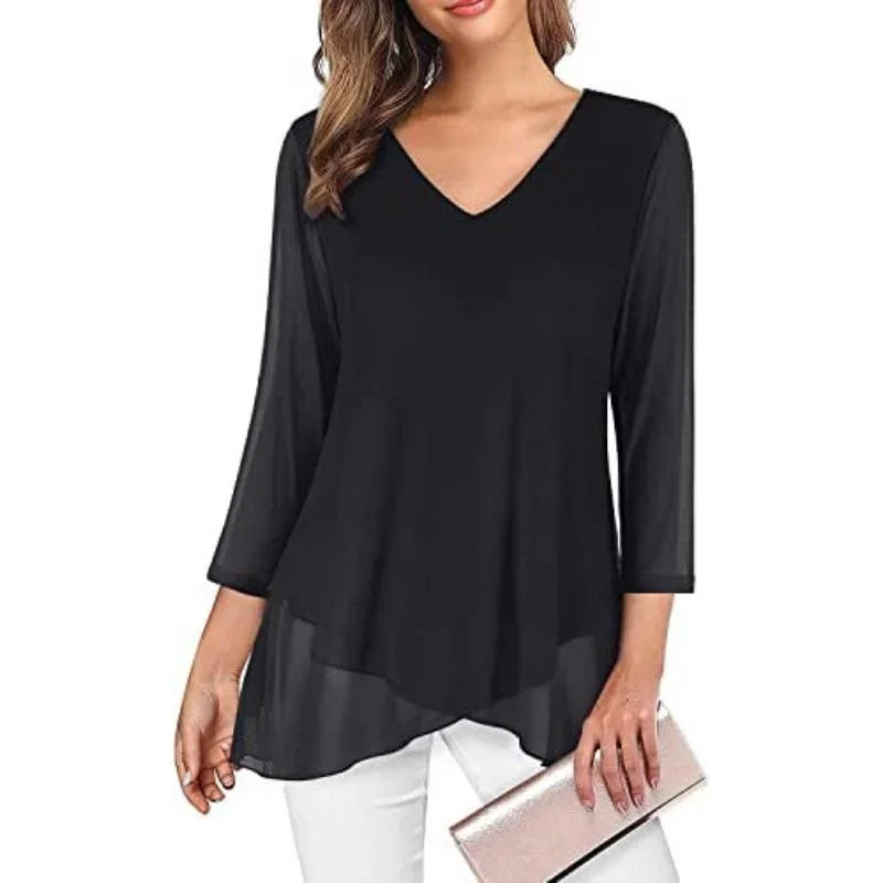 Women's V Neck Asymmetric Blouse.  S-2X