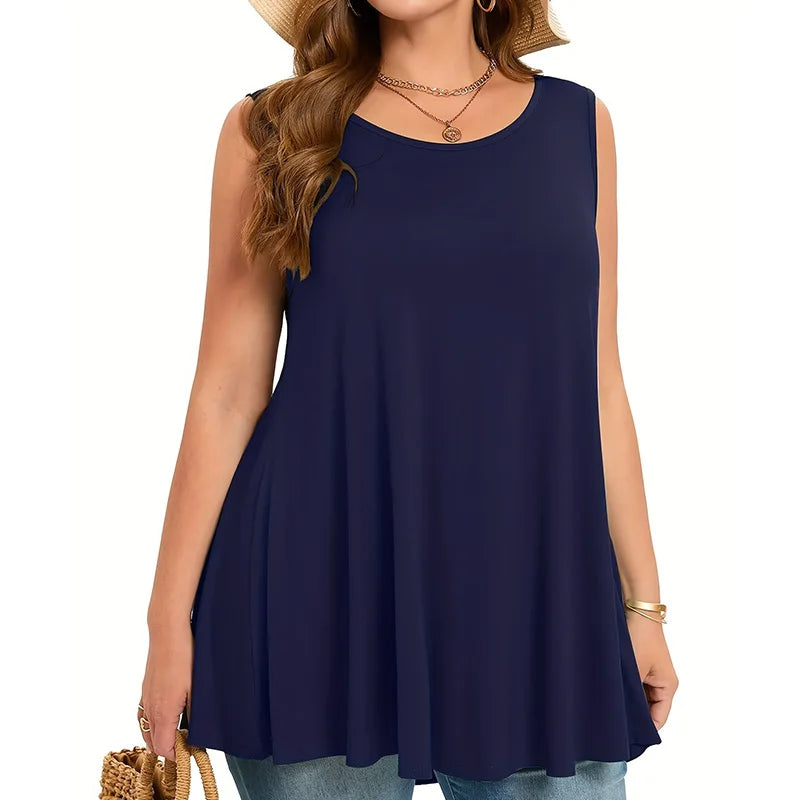 Plus-size Quality Women's Long Casual fashion Solid Colour Loose Round-Neck Sleeveless Tank