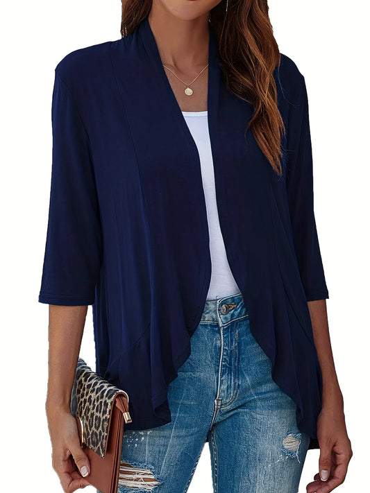 Plus Size Loose Pleated Cardigan Casual Frill Solid 3/4 Sleeve