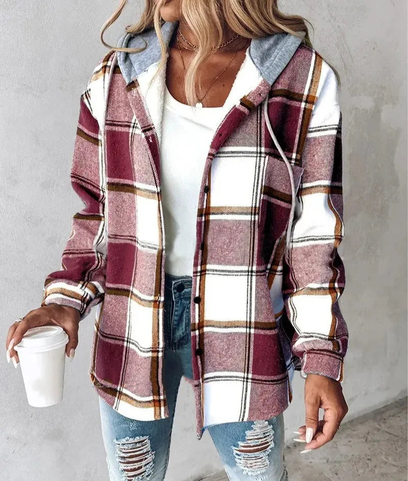 Women's Plaid Style Women's Jacket Hooded Plaid Casual Loose light Jacket.  S-3x