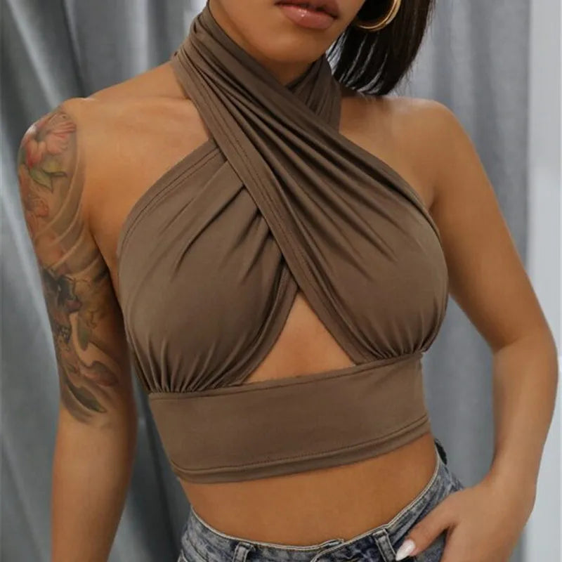 Women Cross Halter Neck Crop Top Sleeveless Backless Sexy Hollow Out Tank.