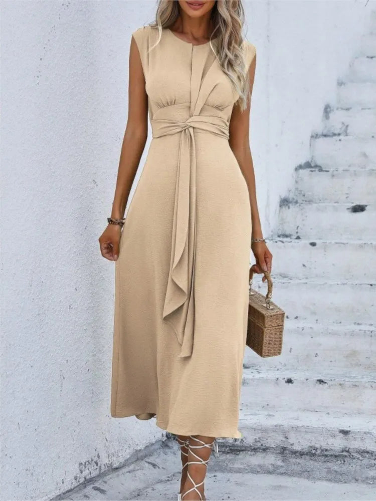 Women's Summer Solid Color Waistband Long Sleeveless Slim Elegant Dress 2025.   S-2X