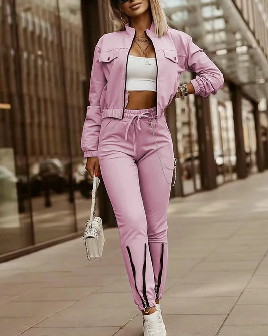 Sport suit Two Piece Long Pants With Casual Zipper Short Jacket.  S-2X
