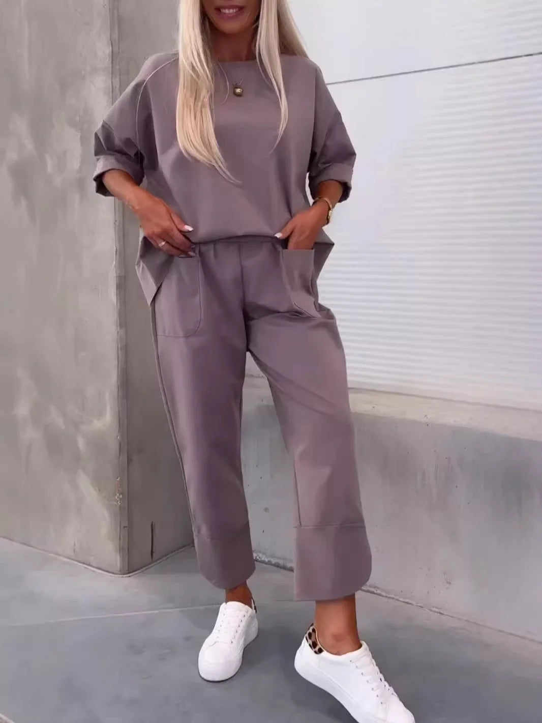 Women Two Piece Set Solid Top Ankle Length Pants Sport Matching Set.  S-3xL