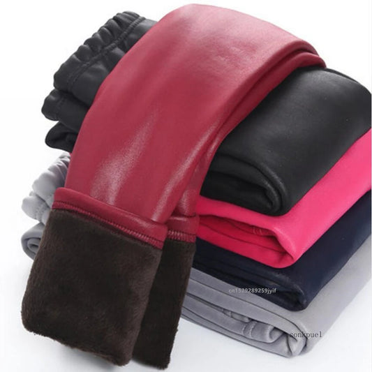 New Baby Girls Winter Leggings - Kids Thick Velvet Pencil Pants Warm Trousers Faux PU Leather Slim