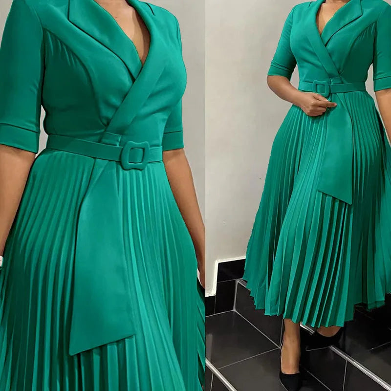 Elegant Pleated Notched Collar Half Sleeve Belt Waist Mid Calf Dress.   S-xxxL