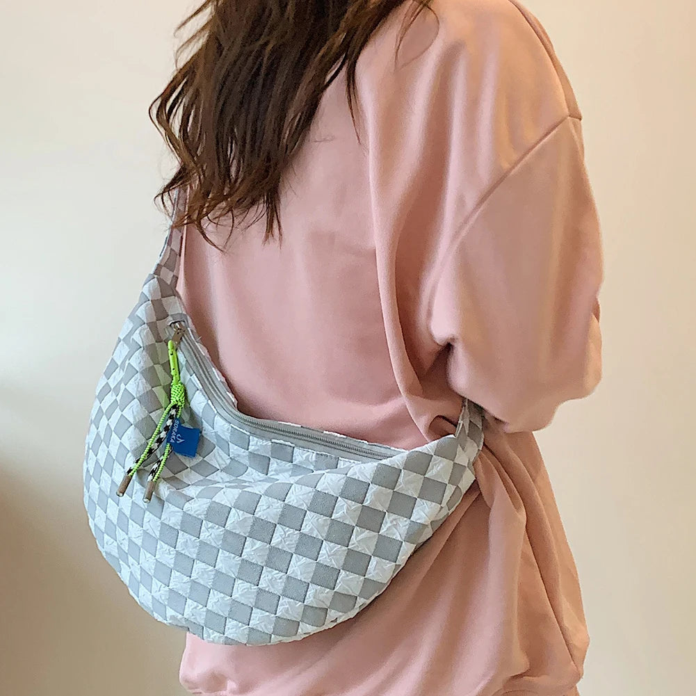 Plaid Women Messenger Bag Fashion Half Moon Crescent Casual Simple Lightweight Large Capacity