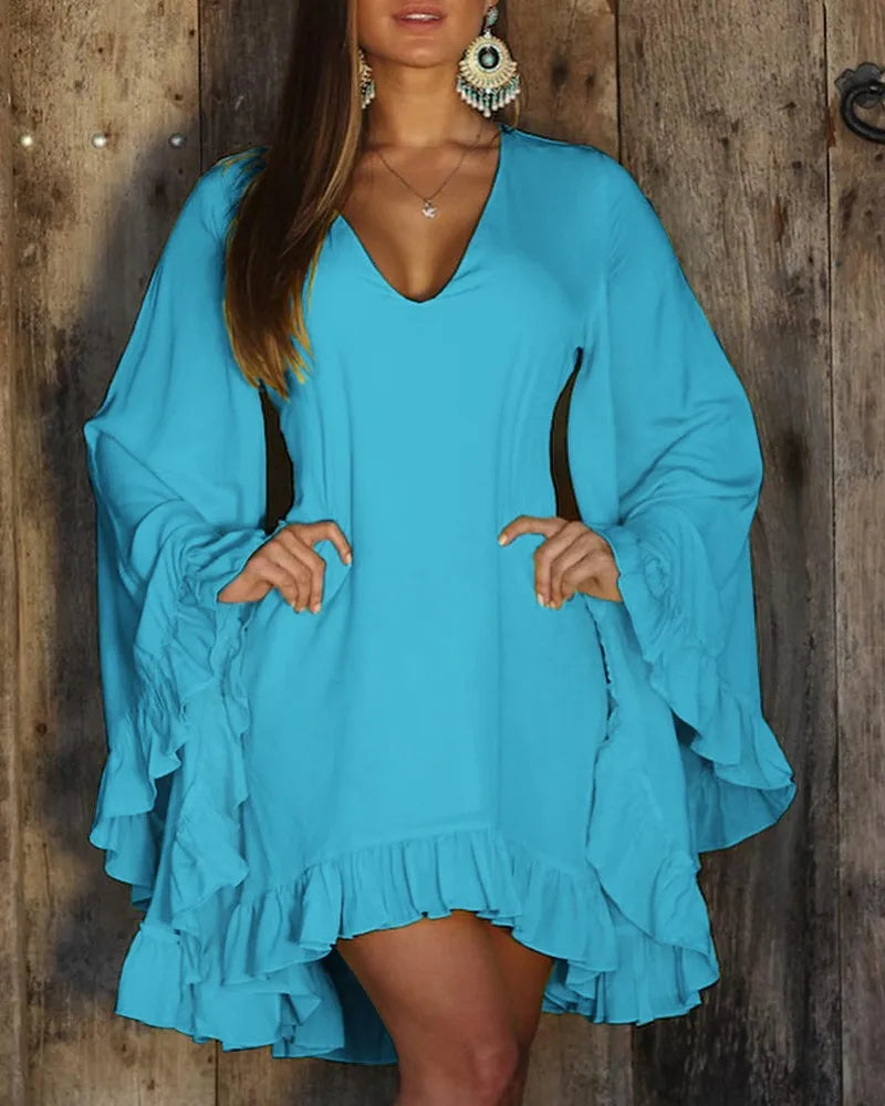 Solid Colour V-Neck Ruffle Hem Bell Sleeve Slight Stretch Dress.  S-xxL