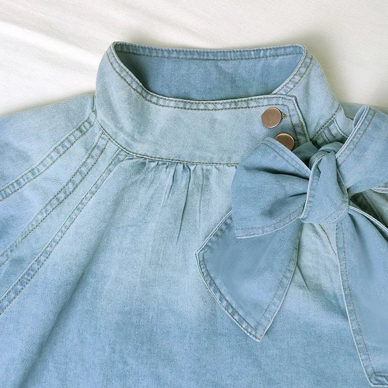 Women Denim Turtleneck Splice Puff Sleeve Loose Irregular Top Solid Pullover Casual Street-wear Shirt.  S-XXL