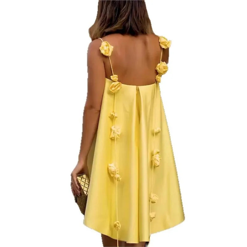 Floral Camisole Dress Sexy Fashion Yellow Backless 2025 Spring Summer Cocktail Gown.  S-XL
