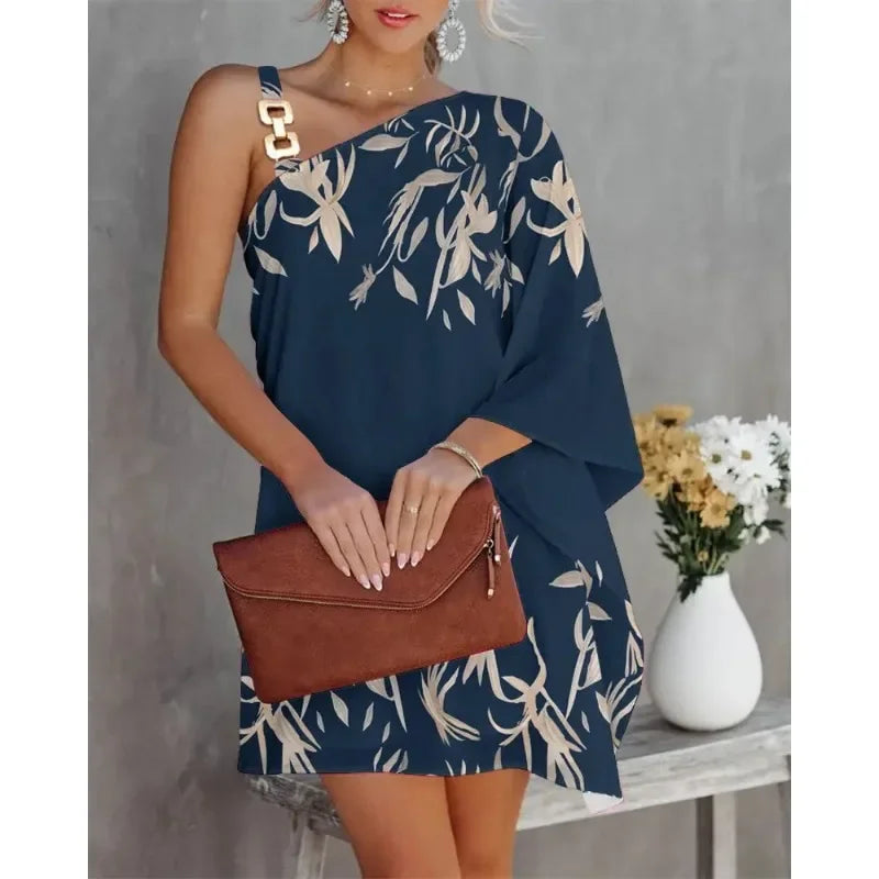 Summer Women's Dress One Line Diagonal Neck Off Shoulder Solid Colour and Metal Strap Bat Sleeve Dress.  S-2X
