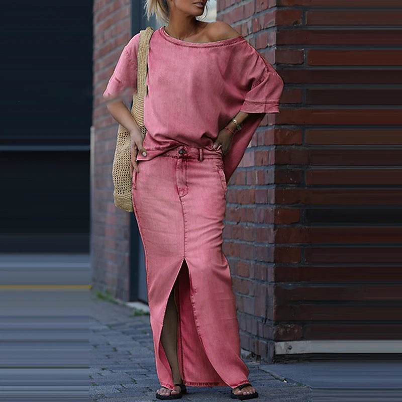 New Women's Two Piece Set Skew Collar Hollow Out Top Pullover & Split Skirt Outfit Simple Solid Outfit.