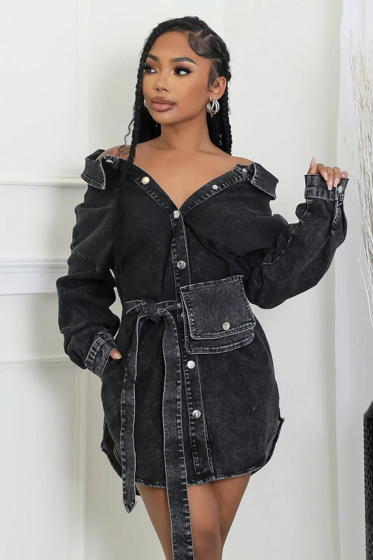 2025 new denim lapel long sleeved single breasted slim fit lace up fashion mid length black denim jacket/ top.  S-2X