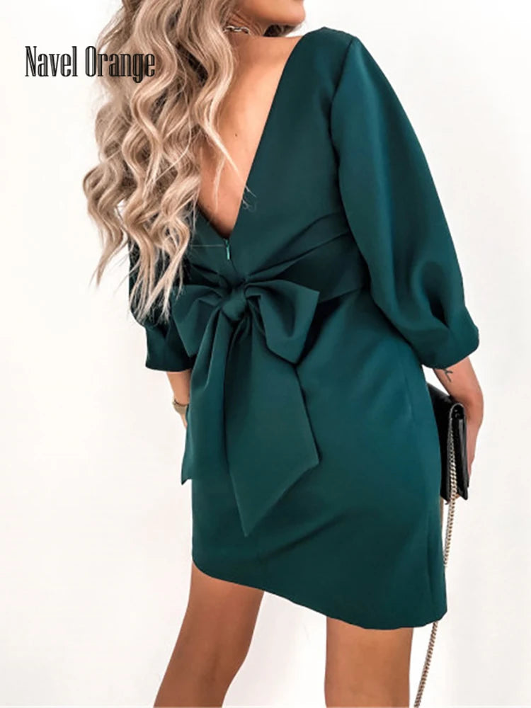 2025 Women Solid O-Neck Princess Party Dress Sexy Three Quarter Sleeve Ladies Bow Backless Dress.  S-3X