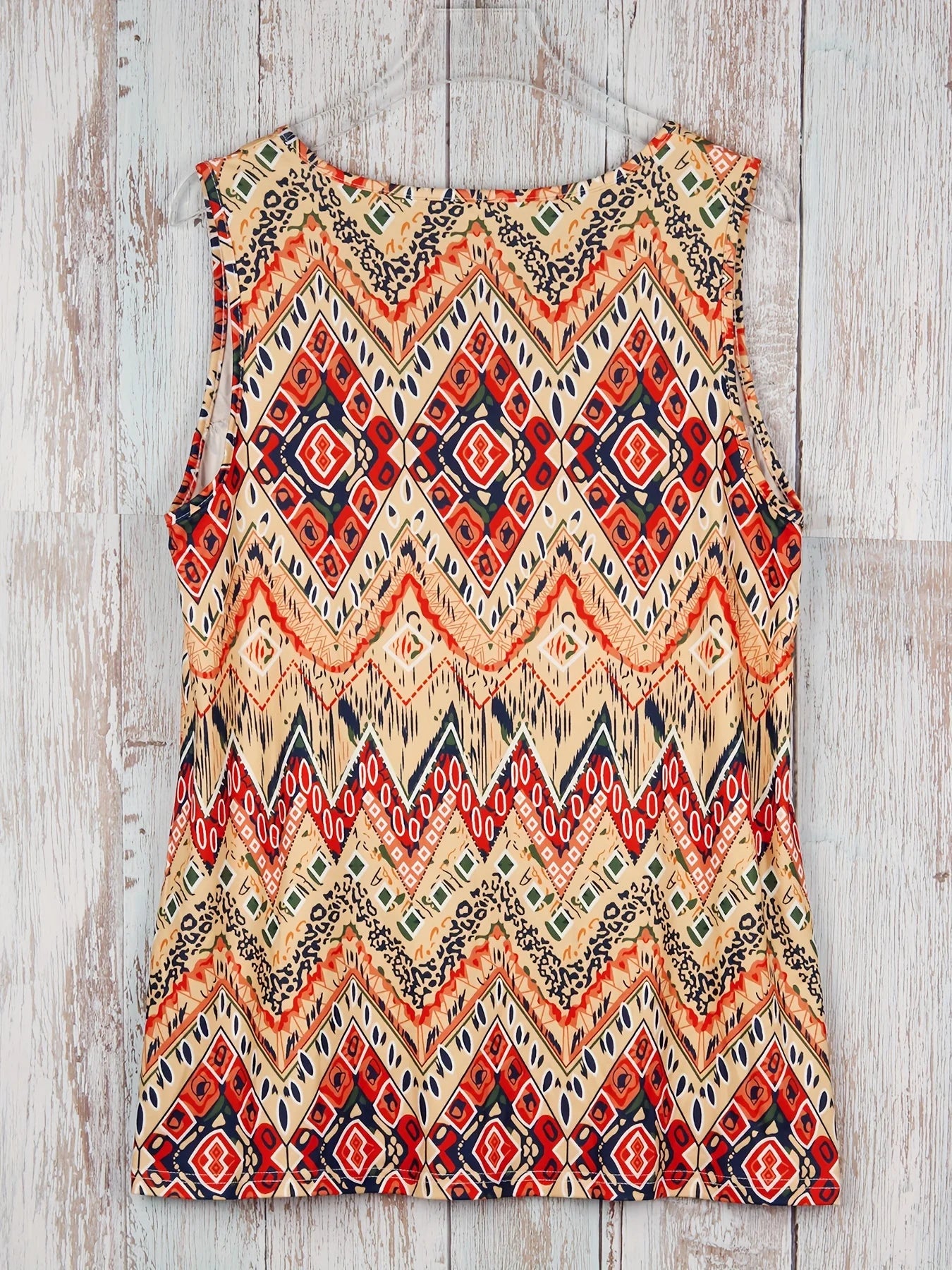 Plus Size Geometric Print Ruched Tank Top Casual Crew Neck Sleeveless Top For Summer Women's Plus Size Clothing