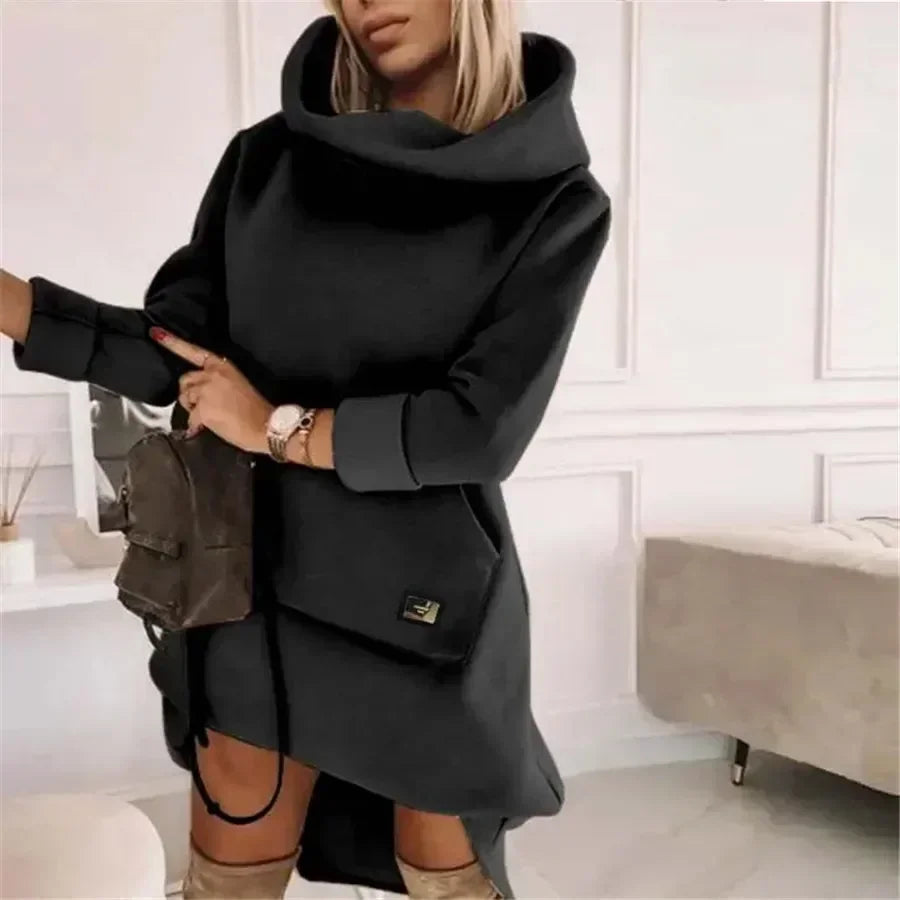 2025 Women's Hoodie Dress Long Sleeve Pocket Sweatshirt Dress Warm Casual Fashion Clothing Ladies.  S-XL
