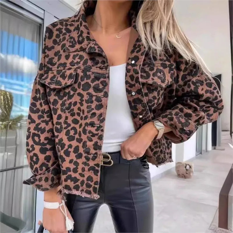 Leopard Denim Jacket For Women New Fashionable And Trendy Style Female Jacket .  S-XL